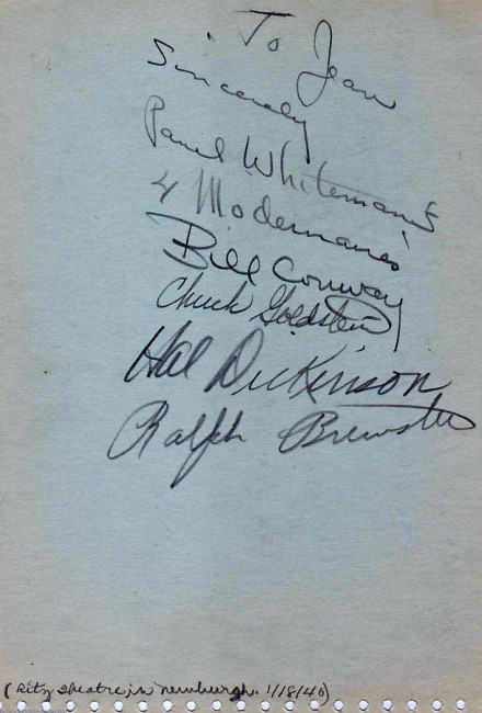 The Modernaires' autographs, from January 1940, when they were still with Paul Whiteman. 