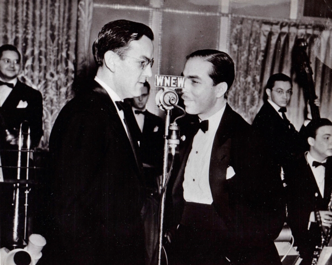 Glenn & Martin Block at the WNEW microphone. In the background are Clyde Hurley, Moe Purtill, Rollie Bundock & Willie Schwartz. 