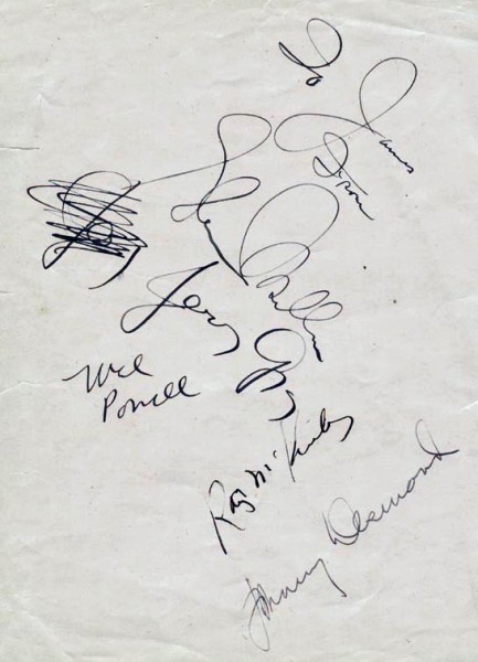 Autographs of Glenn, Jerry Gray, Mel Powell, Ray McKinley and Johnny Desmond, 1944. 